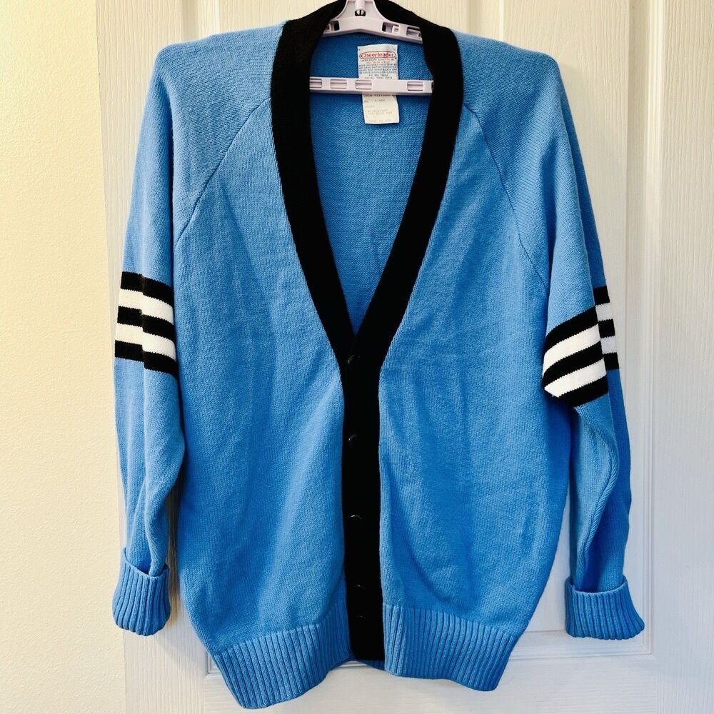 Vtg Varsity Cardigan Sweater L Blue Cheerleader Supply USA Orlon Acrylic Stripes